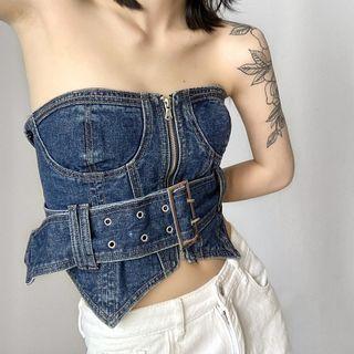 Strapless Zip-up Denim Top