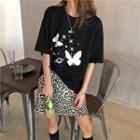 Elbow-sleeve Printed T-shirt / Leopard Print Mini A-line Skirt