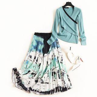 Set: Long-sleeve Knit Top + Print Pleated Midi A-line Skirt