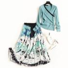 Set: Long-sleeve Knit Top + Print Pleated Midi A-line Skirt