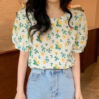 Short-sleeve Flower Print Blouse Floral - Green & Yellow & White - One Size