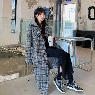 Mock Two-piece Hooded Plaid Long Woolen Coat