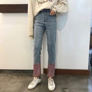 Two-tone Frayed Hem Straight-cut Jeans