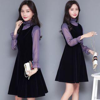 Set: Long-sleeve Frill Trim Top + Sleeveless A-line Velvet Dress