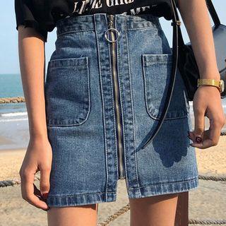 Zip A-line Mini Denim Skirt