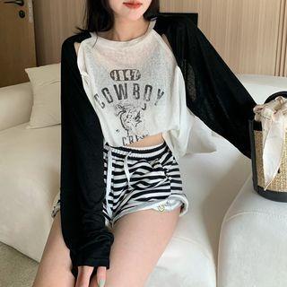 Long-sleeve Color Block Lettering Cutout T-shirt