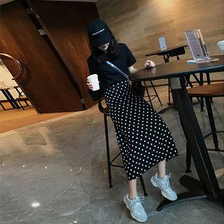 Set: Short-sleeve T-shirt + Dotted A-line Midi Skirt