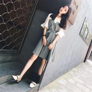 Bell-sleeve Pinstriped Panel Chiffon Dress