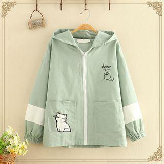 Color Block Plain Cat Printed Jacket