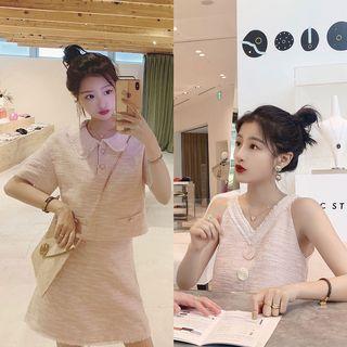 Frayed Trim Collared Short-sleeve Top / A-line Skirt / Sleeveless A-line Dress