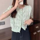 Short-sleeve Faux Pearl Button-up Knit Top