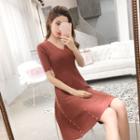V-neck Knitted Short-sleeve A-line Dress