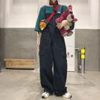 Denim Wide-leg Jumper Pants Navy Blue - One Size
