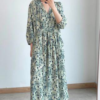 3/4-sleeve Print Midi A-line Dress Blue - One Size