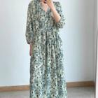 3/4-sleeve Print Midi A-line Dress Blue - One Size