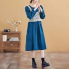 Long-sleeve Midi A-line Dress / Crochet Lace Button-up Vest / Vest / Set