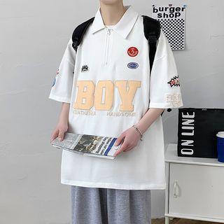 Short-sleeve Letter Applique Half-zip Polo Shirt