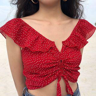 Dotted Frilled Collared Sleeveless Chiffon Top