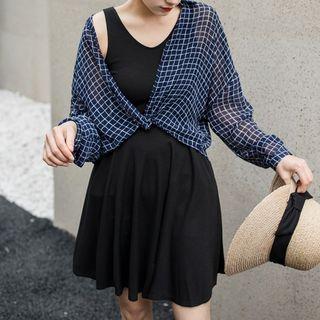 Set: V-neck Sleeveless A-line Dress + Plaid Blouse