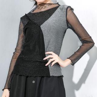 Long-sleeve Color Block Mesh Top