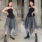 Strapless Peplum Blouse / Midi A-line Mesh Skirt