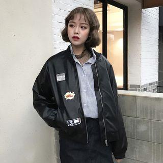 Patched Faux Leather Bomber Jacket