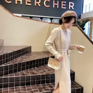 Rib-knit Long-sleeve Tie-waist Midi Dress