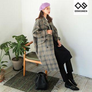 Plus Size Puffed-sleeve Midi Check Coat
