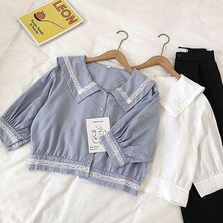 Lace Panel Single-breasted Short-sleeve Blouse