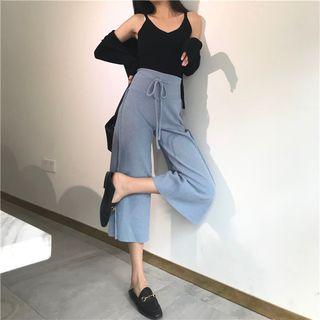 High Waist Cropped Knit Wide Leg Pants