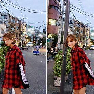 Lettering Layered-sleeve Distressed Plaid Shirt