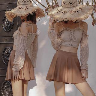 Set: Lace Up Cold-shoulder Tankini Top + Swim Skirt