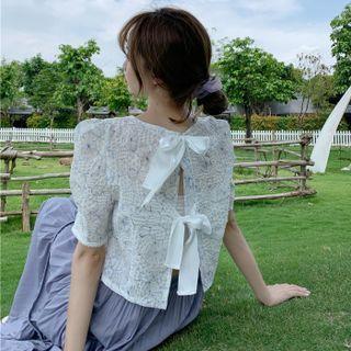 Round Neck Floral Puff Short Sleeve Crop Top / Plain Tiered Maxi Skirt