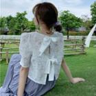 Round Neck Floral Puff Short Sleeve Crop Top / Plain Tiered Maxi Skirt