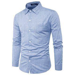 Long-sleeved Dual-pocket Striped Slim Shirt