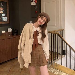 Plain Cardigan / Tie Neck Shirt / Plaid Pleated Skirt