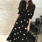 Dotted Elbow-sleeve A-line Midi Dress