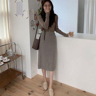 Long-sleeve Button-up Knit Top / Plaid Midi A-line Skirt