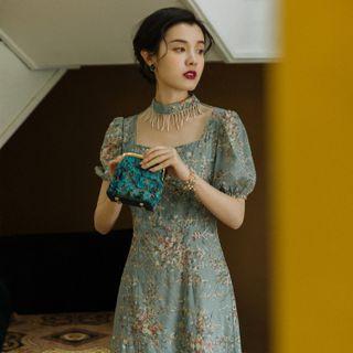 Puff-sleeve Floral Print Fringed Midi A-line Dress