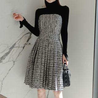 Set: Long-sleeve Top + Plaid Tube Dress