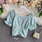 Drawstring Puff-sleeve Check Cropped Blouse