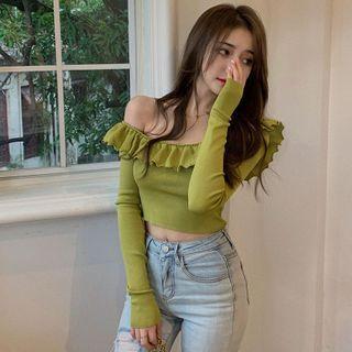 Off-shoulder Ruffle Trim Knit Top Green - One Size
