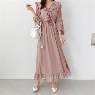Set: Frill-trim Chiffon Dress + Slipdress Pink - One Size