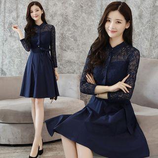 Lace Panel Long Sleeve Flared Dress