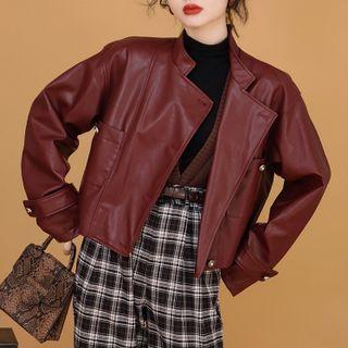 Faux Leather Biker Jacket Brown Red - One Size