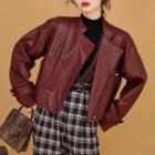 Faux Leather Biker Jacket Brown Red - One Size