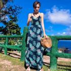 Spaghetti Strap Leaf Print Maxi Sundress