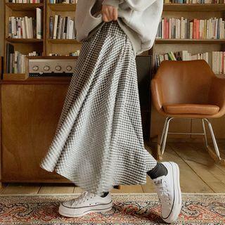 Band-waist Gingham Maxi Skirt Black - One Size