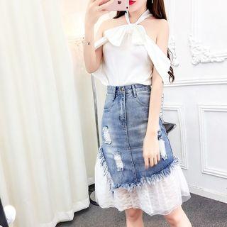 Set: Bow Accent Sleeveless Top + Lace Hem A-line Denim Skirt