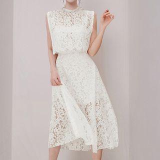 Set: Sleeveless Lace Blouse + Midi A-line Lace Skirt